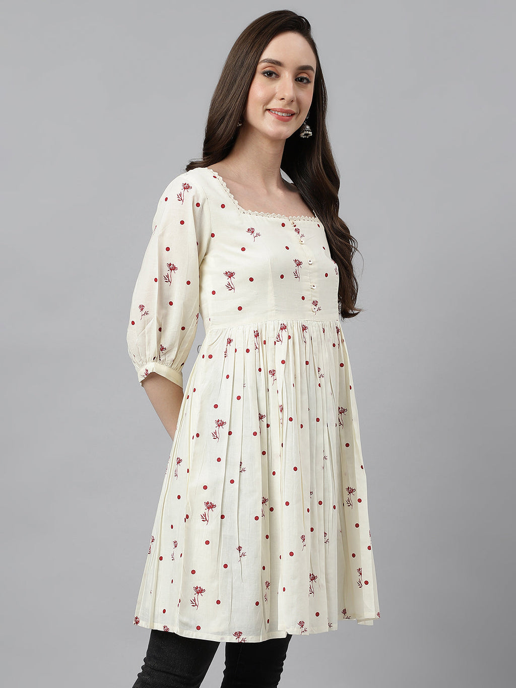 Janasya Women's Off White Cambric Cotton Botanical Print Flared Tunic | Grocsy
