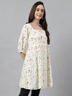Janasya Women's Off White Cambric Cotton Botanical Print Flared Tunic | Grocsy