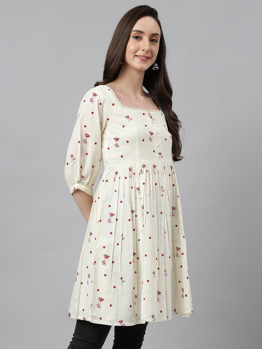 Janasya Women's Off White Cambric Cotton Botanical Print Flared Tunic | Grocsy