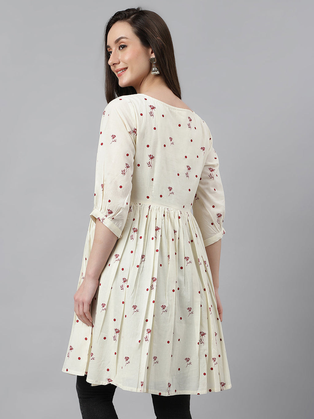 Janasya Women's Off White Cambric Cotton Botanical Print Flared Tunic | Grocsy