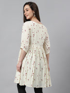 Janasya Women's Off White Cambric Cotton Botanical Print Flared Tunic | Grocsy