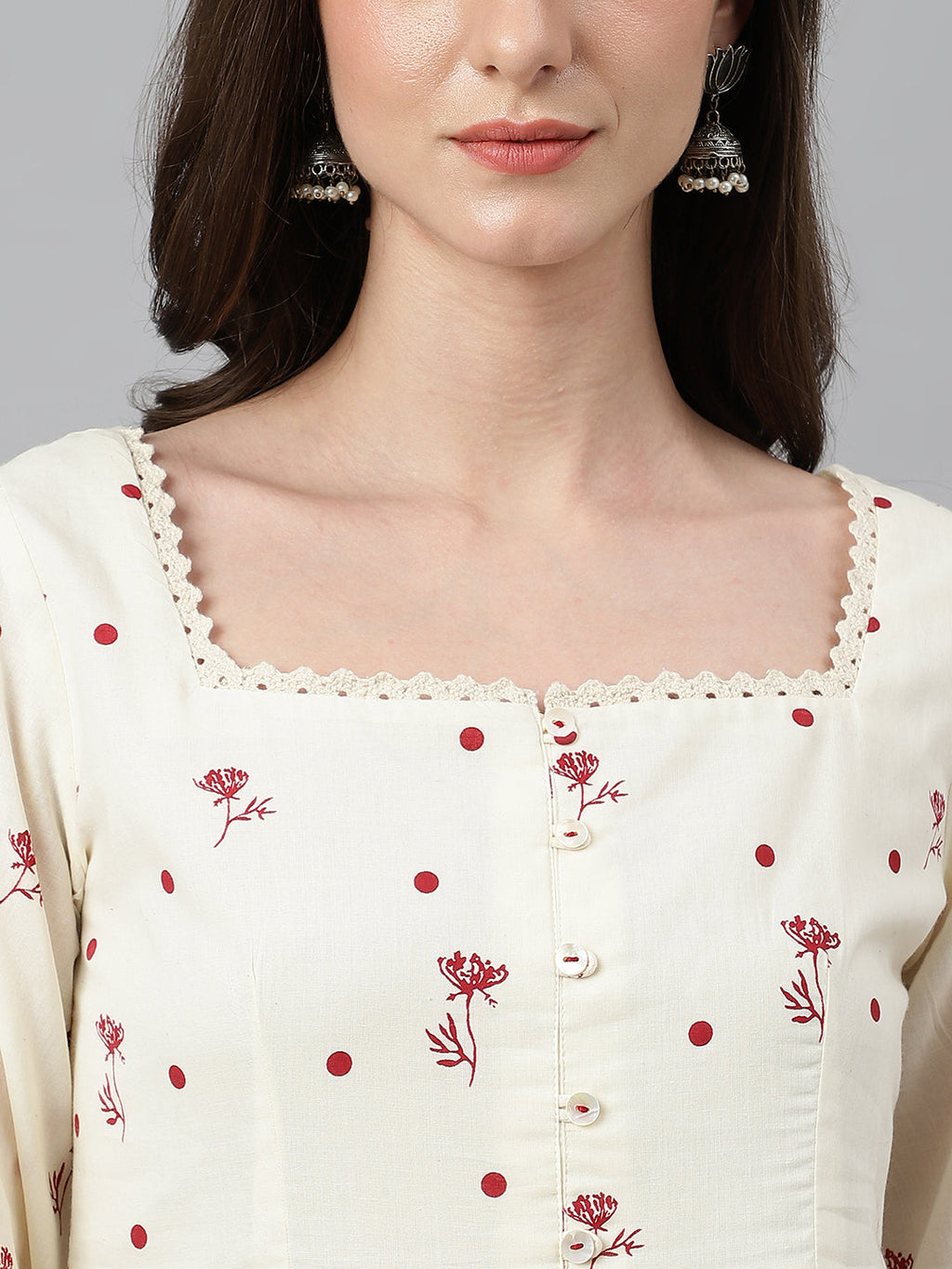 Janasya Women's Off White Cambric Cotton Botanical Print Flared Tunic | Grocsy