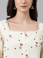 Janasya Women's Off White Cambric Cotton Botanical Print Flared Tunic | Grocsy