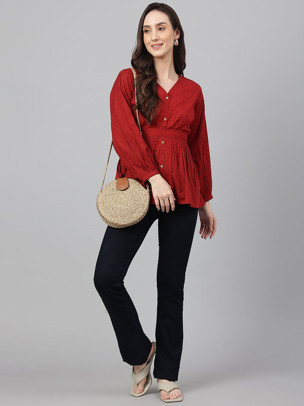 Janasya Women's Maroon Dobby Cotton Solid Peplum Top | Grocsy