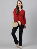 Janasya Women's Maroon Dobby Cotton Solid Peplum Top | Grocsy