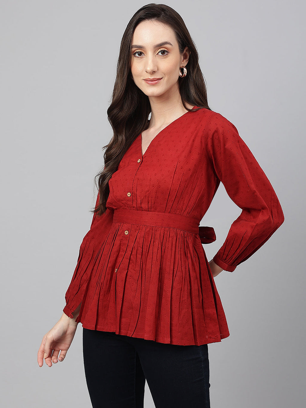 Janasya Women's Maroon Dobby Cotton Solid Peplum Top | Grocsy