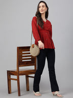 Janasya Women's Maroon Dobby Cotton Solid Peplum Top | Grocsy