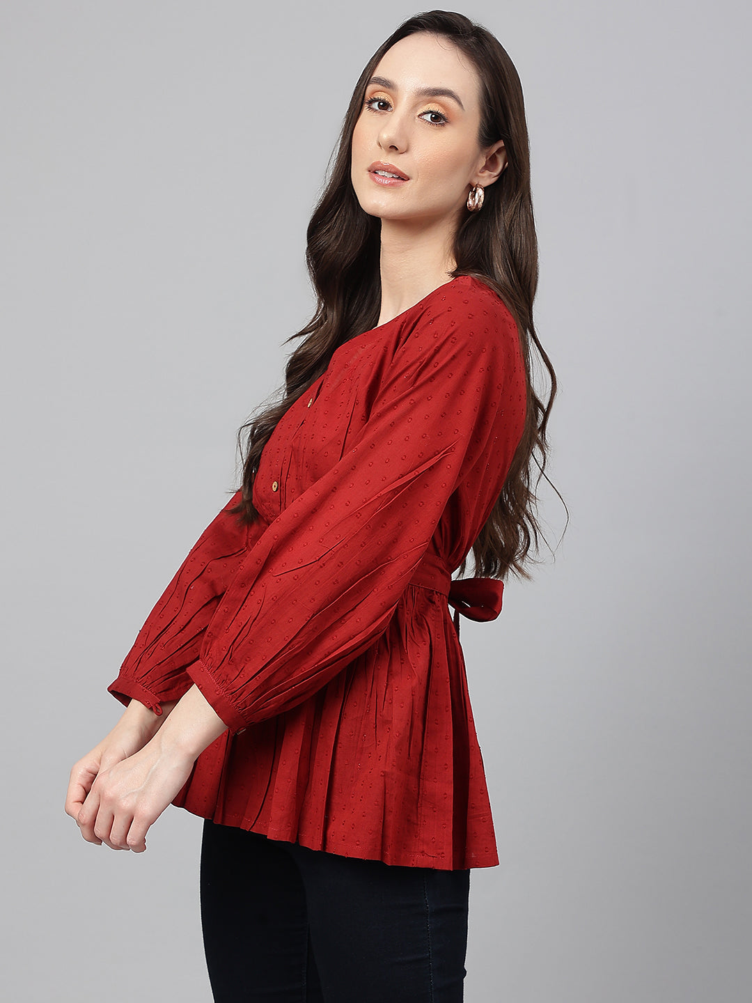Janasya Women's Maroon Dobby Cotton Solid Peplum Top | Grocsy