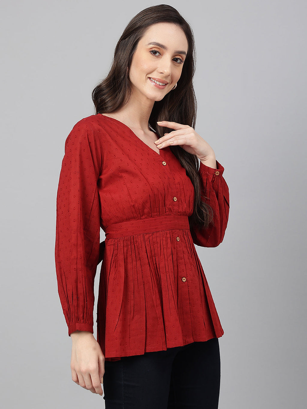 Janasya Women's Maroon Dobby Cotton Solid Peplum Top | Grocsy