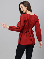Janasya Women's Maroon Dobby Cotton Solid Peplum Top | Grocsy