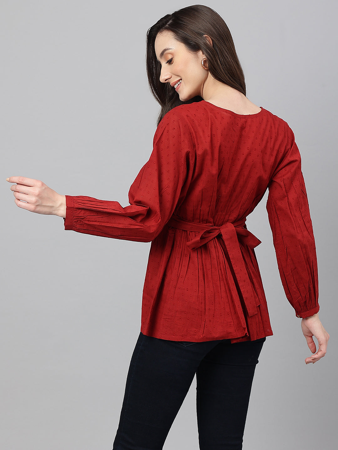 Janasya Women's Maroon Dobby Cotton Solid Peplum Top | Grocsy