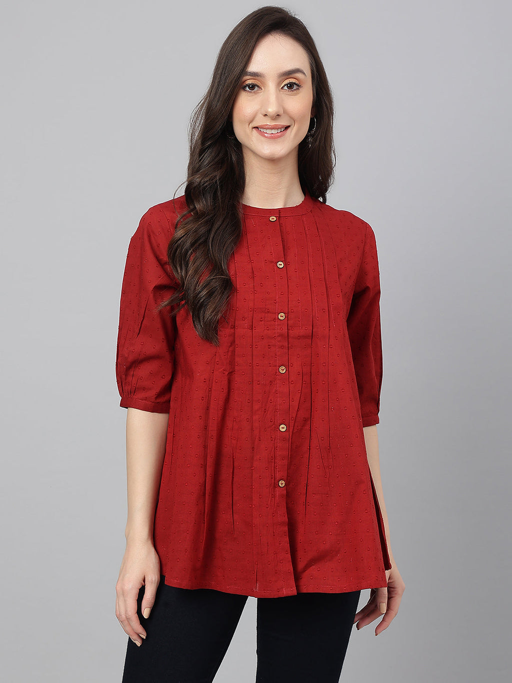 Janasya Women's Maroon Cotton Dobby Solid Flared Top | Grocsy