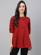 Janasya Women's Maroon Cotton Dobby Solid Flared Top | Grocsy