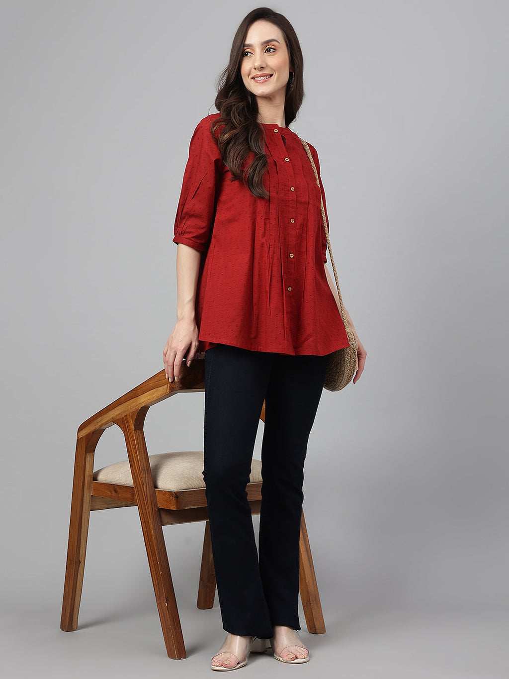 Janasya Women's Maroon Cotton Dobby Solid Flared Top | Grocsy