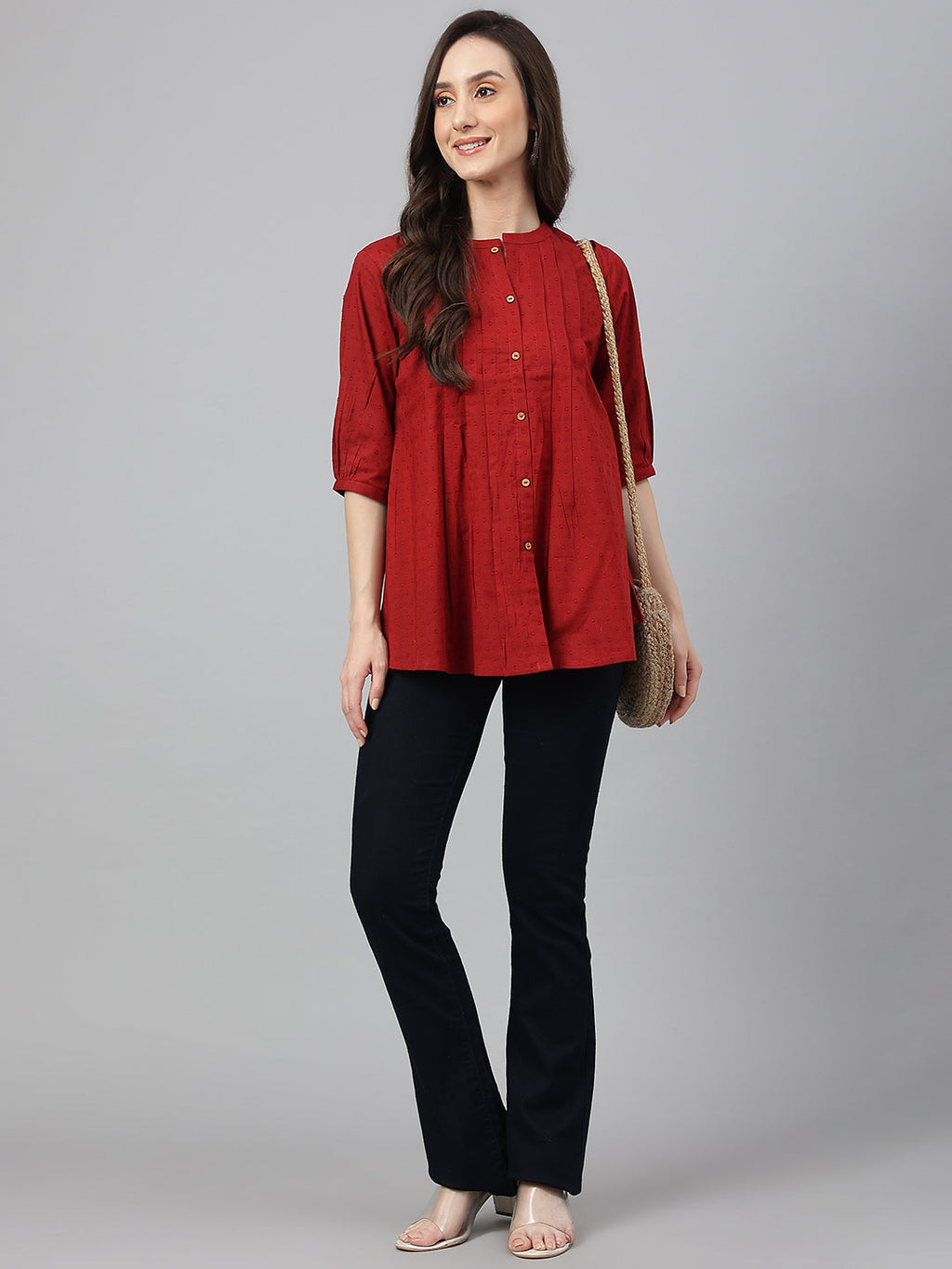 Janasya Women's Maroon Cotton Dobby Solid Flared Top | Grocsy