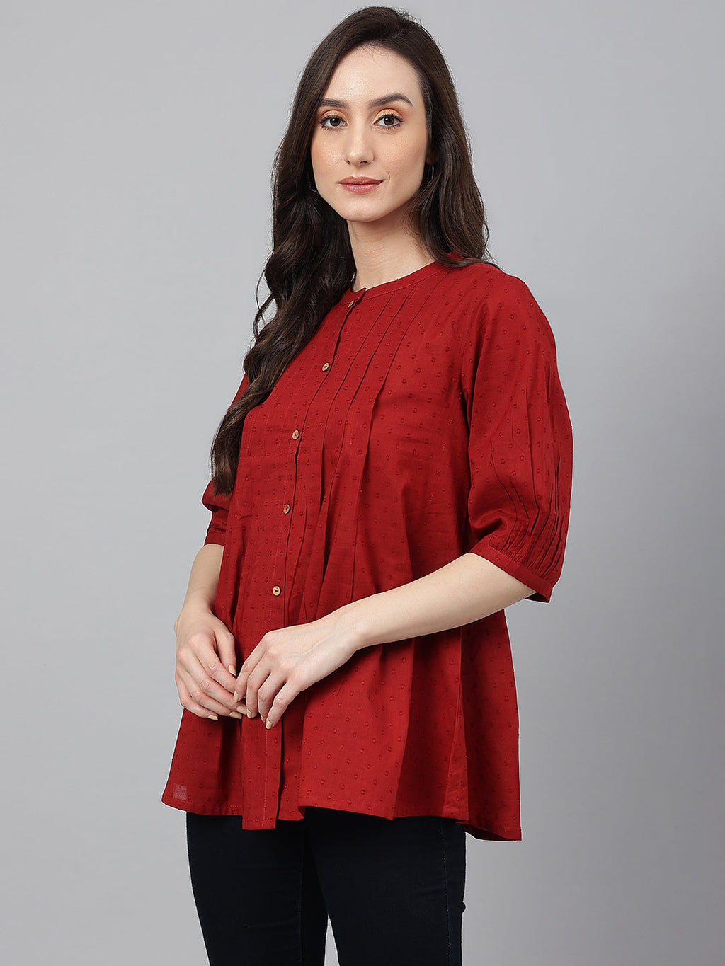 Janasya Women's Maroon Cotton Dobby Solid Flared Top | Grocsy