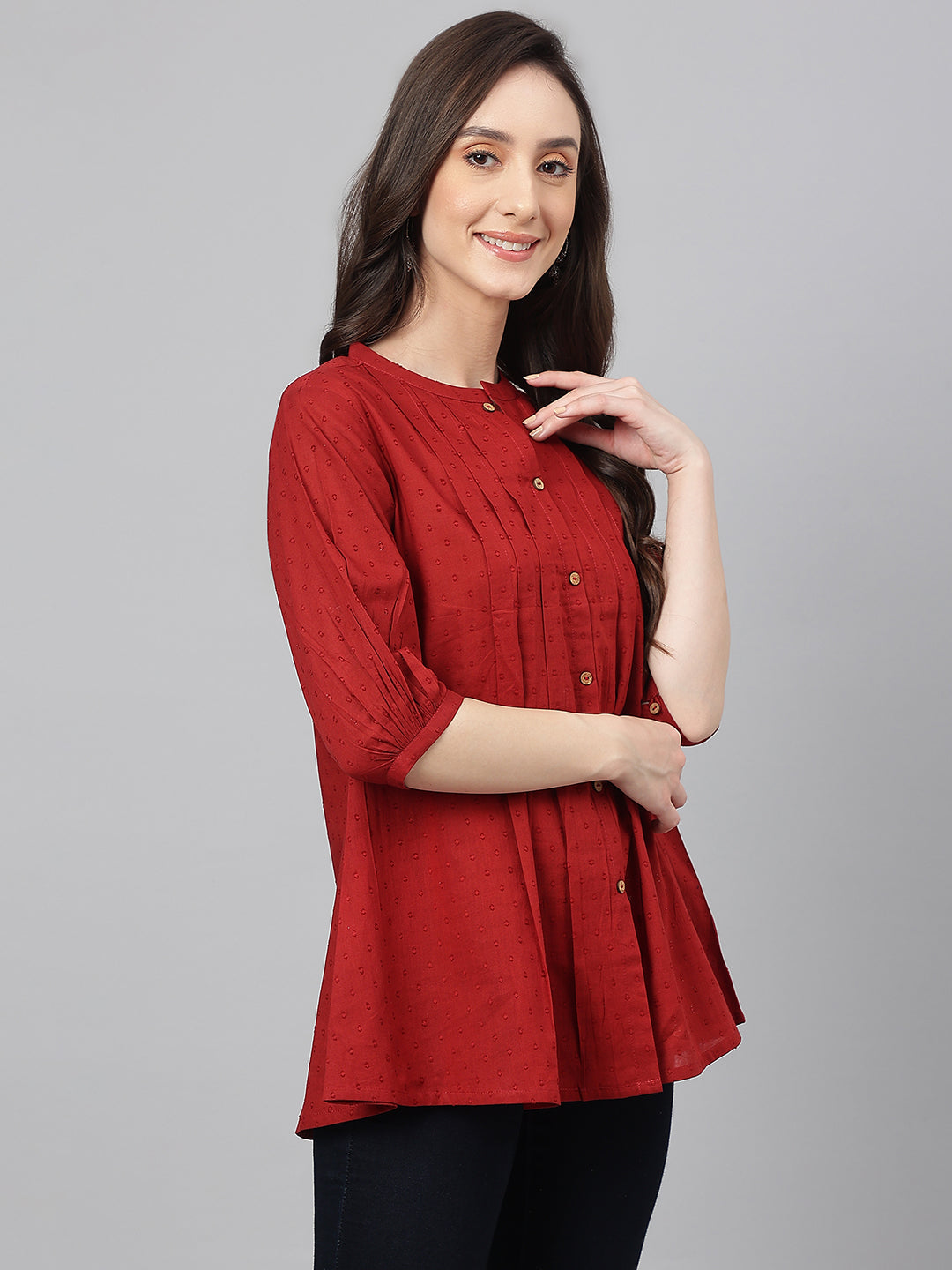Janasya Women's Maroon Cotton Dobby Solid Flared Top | Grocsy