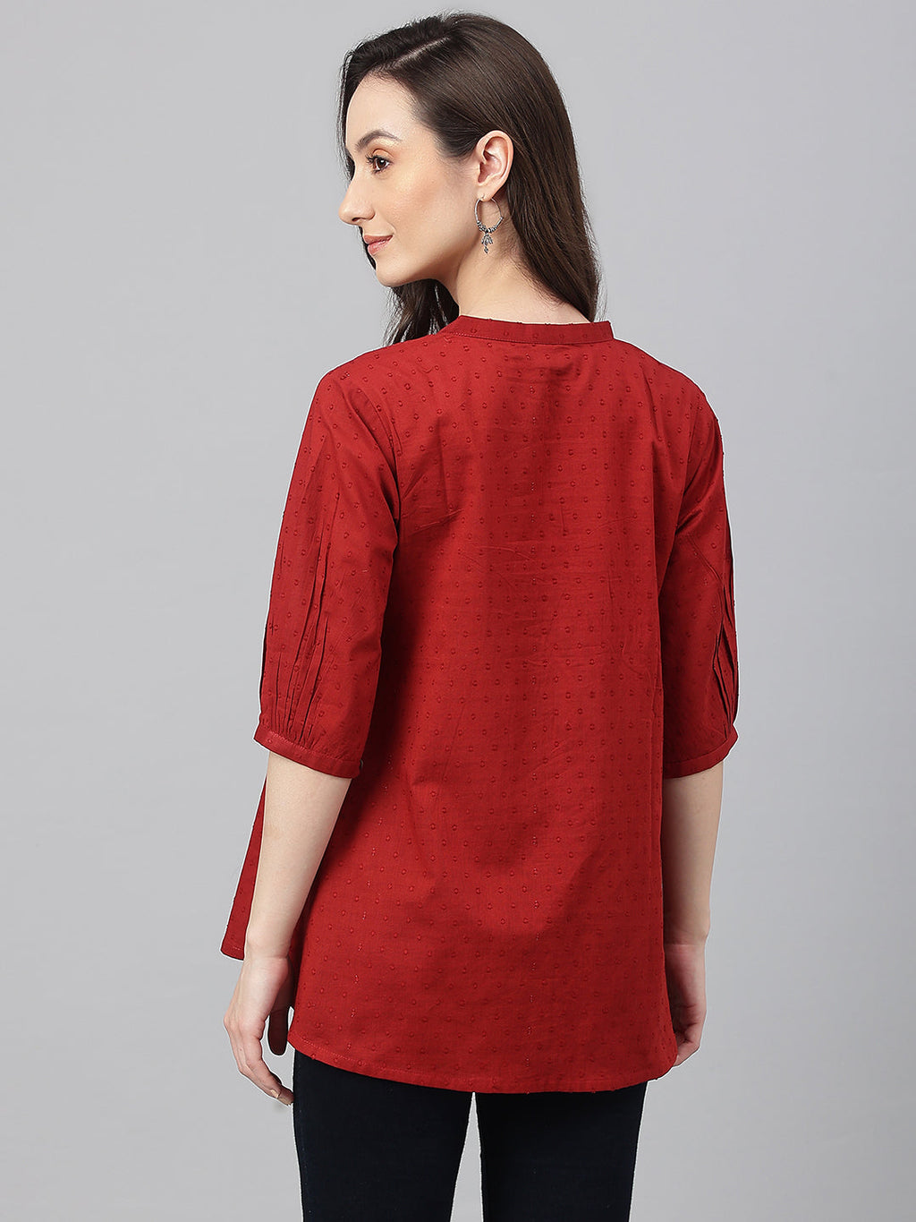 Janasya Women's Maroon Cotton Dobby Solid Flared Top | Grocsy