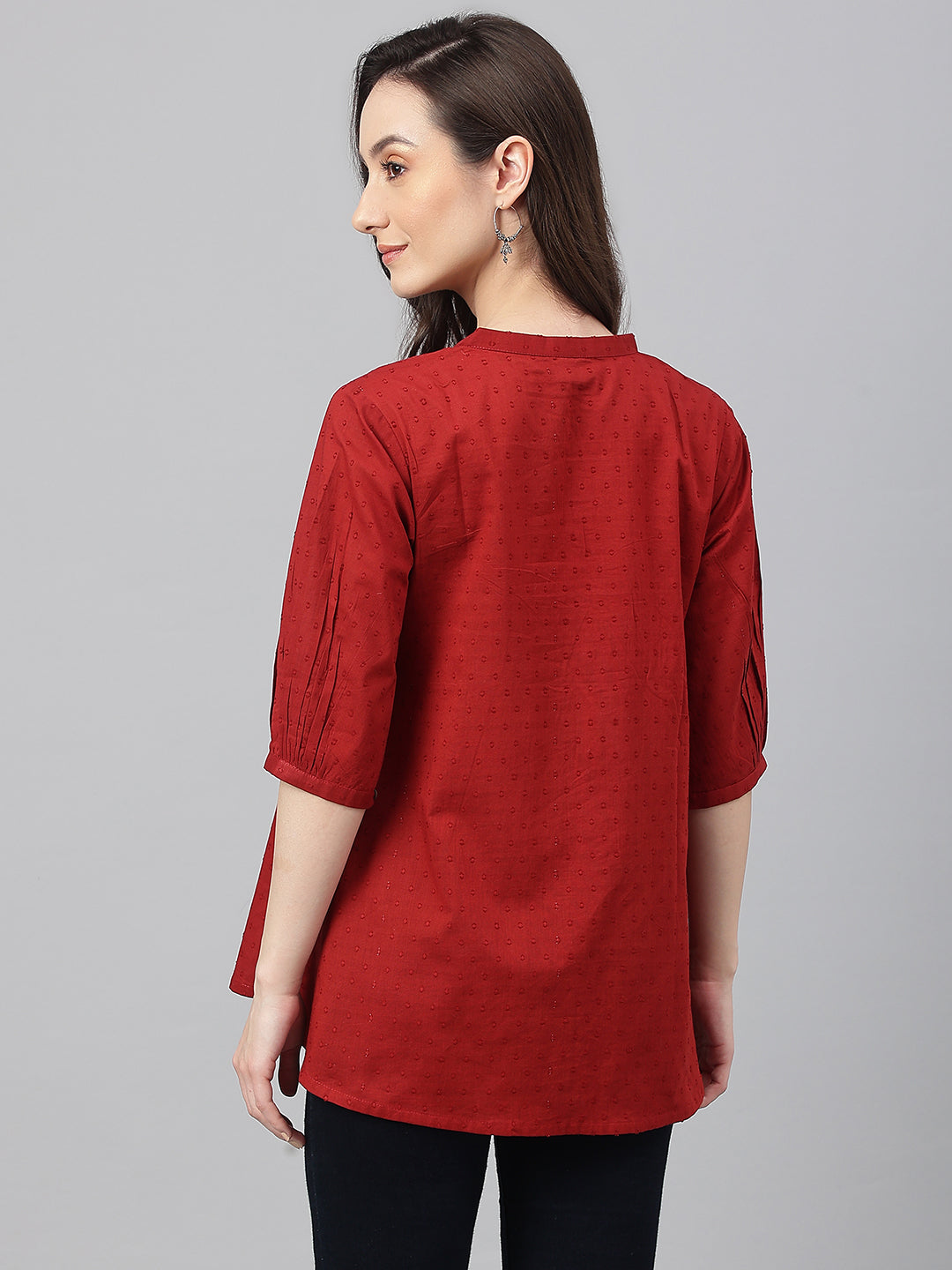 Janasya Women's Maroon Cotton Dobby Solid Flared Top | Grocsy