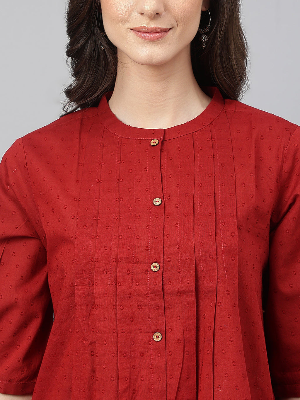 Janasya Women's Maroon Cotton Dobby Solid Flared Top | Grocsy