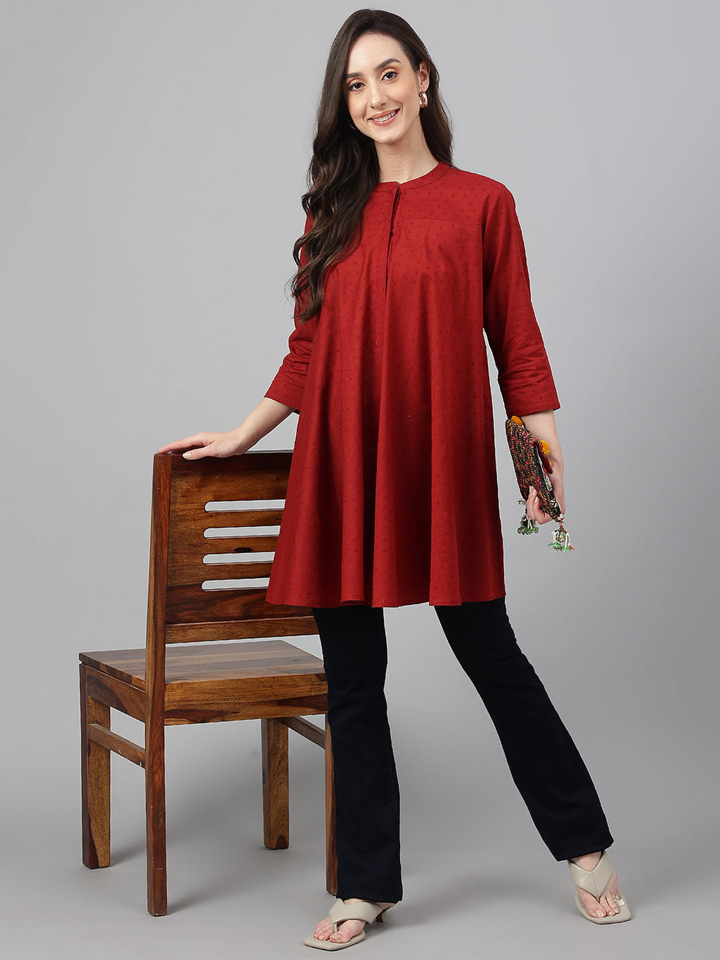 Janasya Women's Maroon Dobby Cotton Solid A-Line Tunic | Grocsy