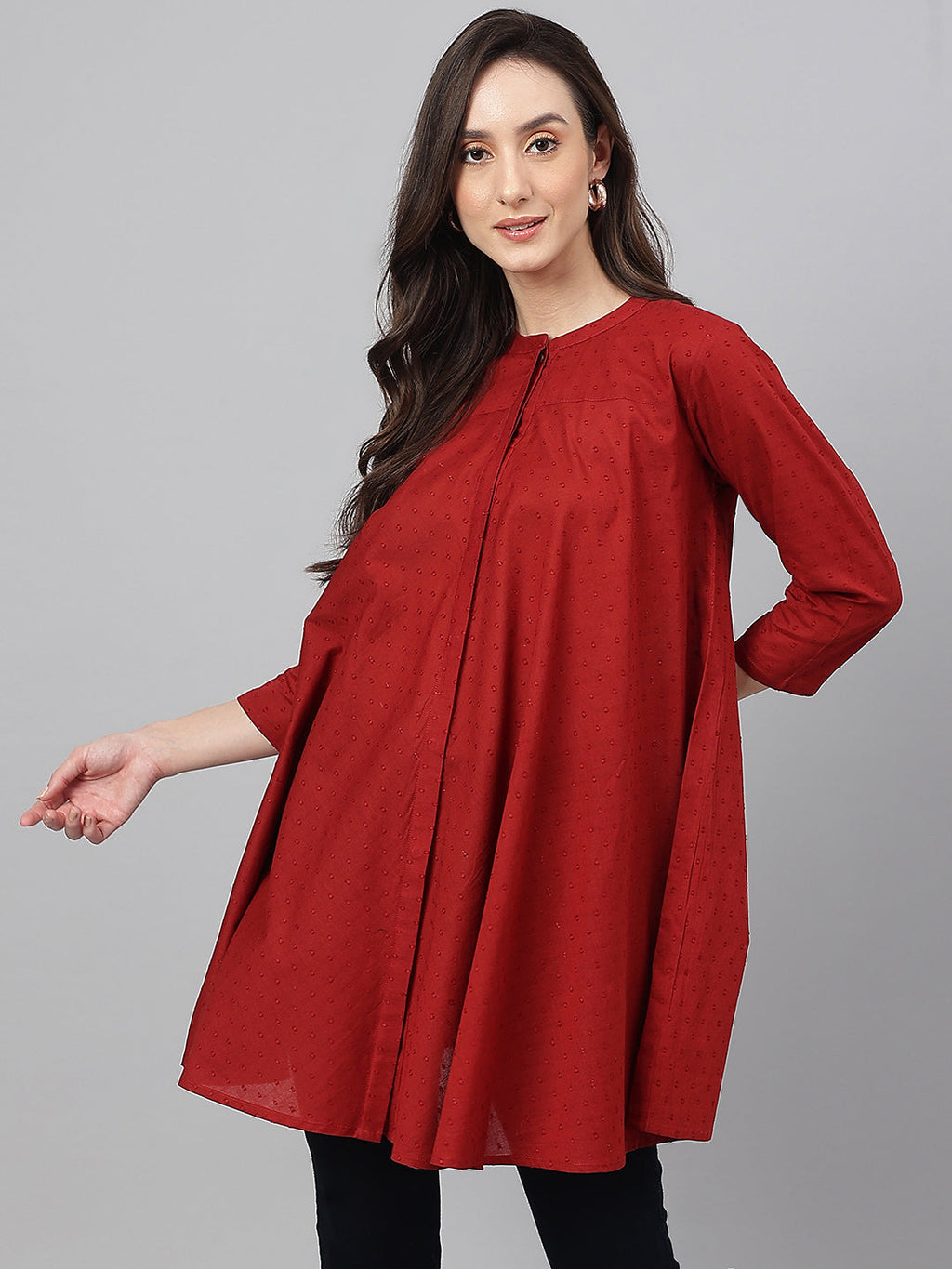 Janasya Women's Maroon Dobby Cotton Solid A-Line Tunic | Grocsy