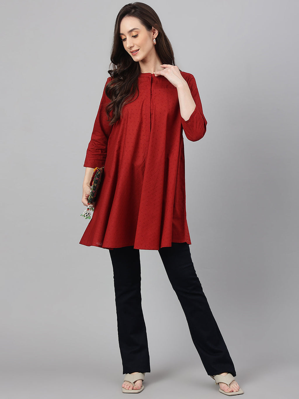Janasya Women's Maroon Dobby Cotton Solid A-Line Tunic | Grocsy