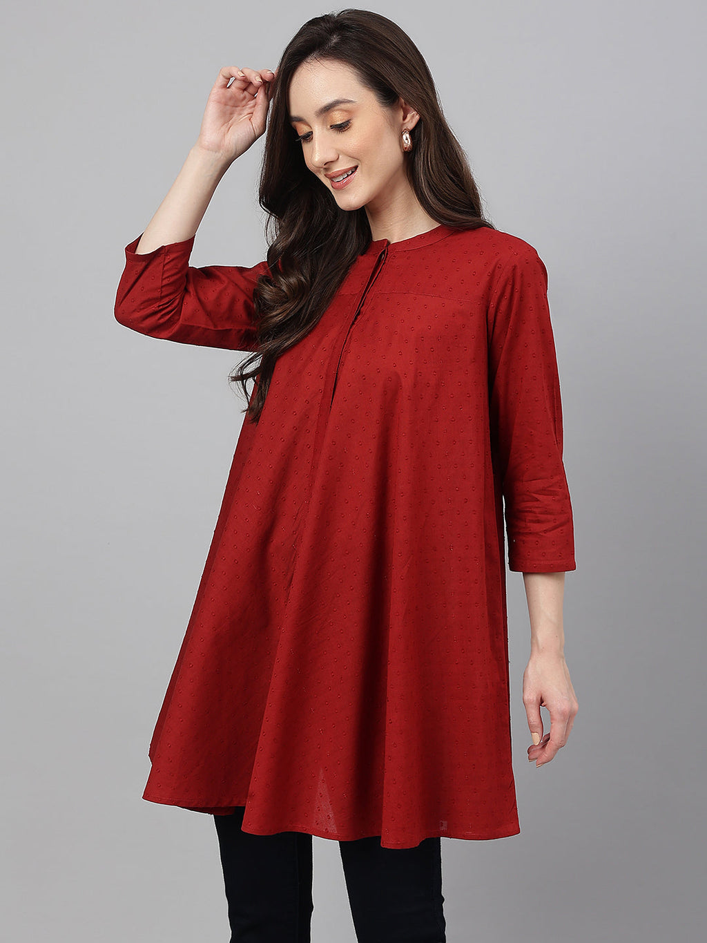 Janasya Women's Maroon Dobby Cotton Solid A-Line Tunic | Grocsy