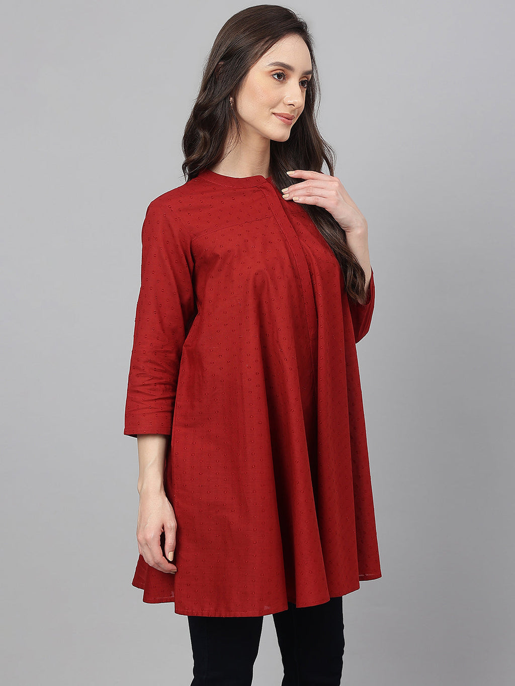 Janasya Women's Maroon Dobby Cotton Solid A-Line Tunic | Grocsy