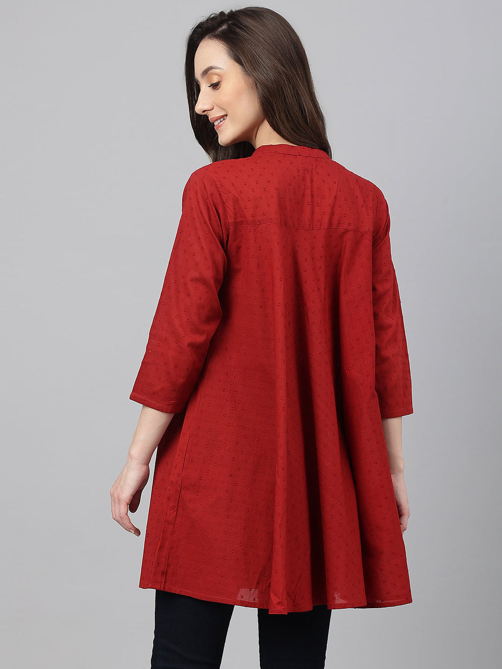 Janasya Women's Maroon Dobby Cotton Solid A-Line Tunic | Grocsy