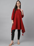 Janasya Women's Maroon Dobby Cotton Solid Handkerchief Tunic | Grocsy