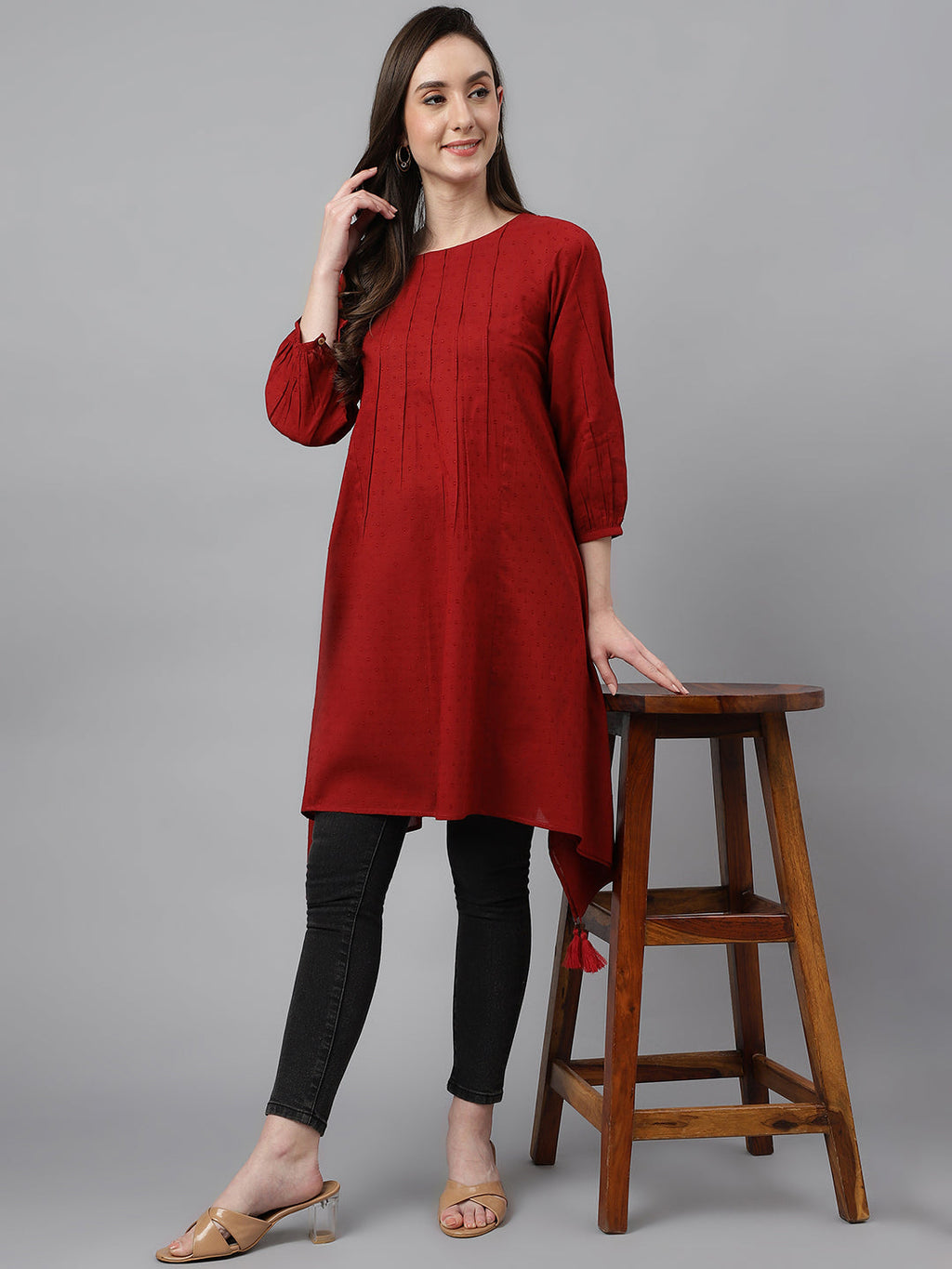 Janasya Women's Maroon Dobby Cotton Solid Handkerchief Tunic | Grocsy