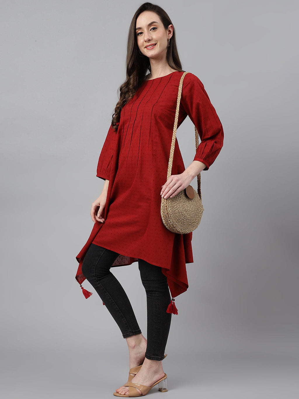 Janasya Women's Maroon Dobby Cotton Solid Handkerchief Tunic | Grocsy