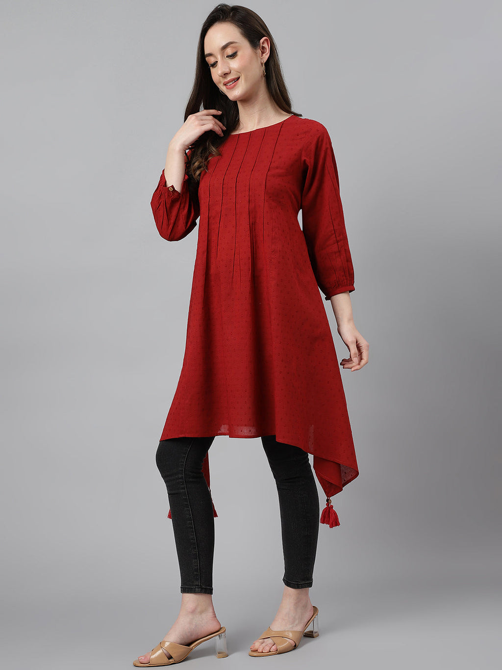 Janasya Women's Maroon Dobby Cotton Solid Handkerchief Tunic | Grocsy