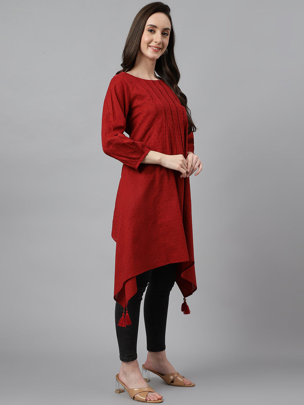 Janasya Women's Maroon Dobby Cotton Solid Handkerchief Tunic | Grocsy