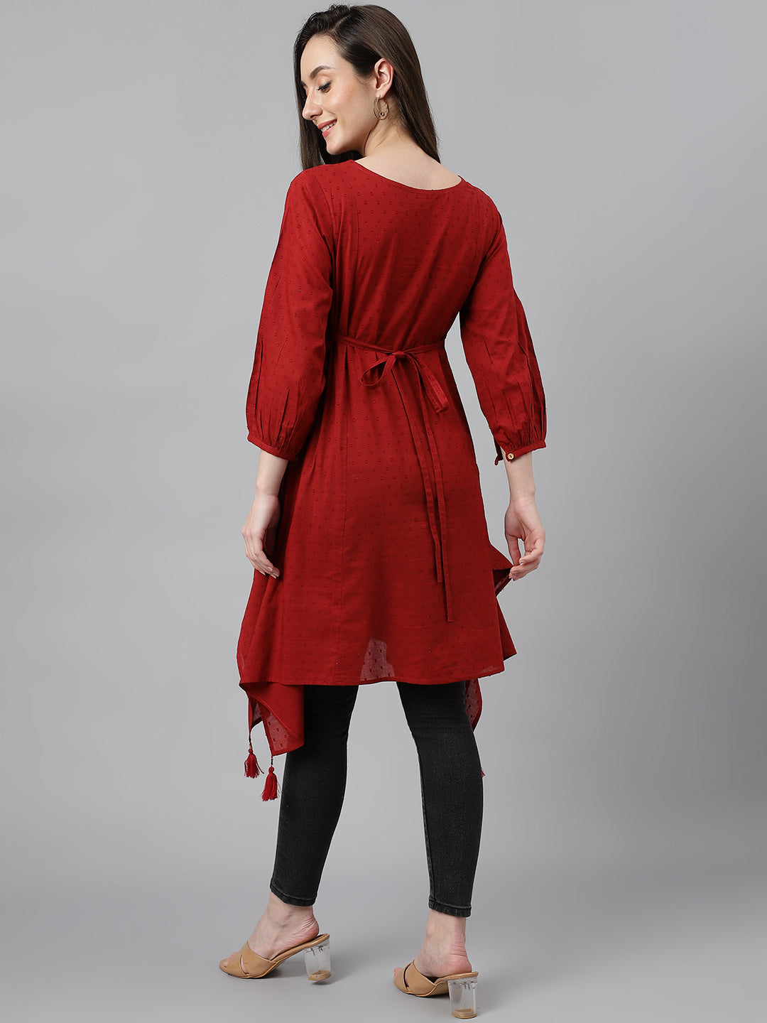 Janasya Women's Maroon Dobby Cotton Solid Handkerchief Tunic | Grocsy