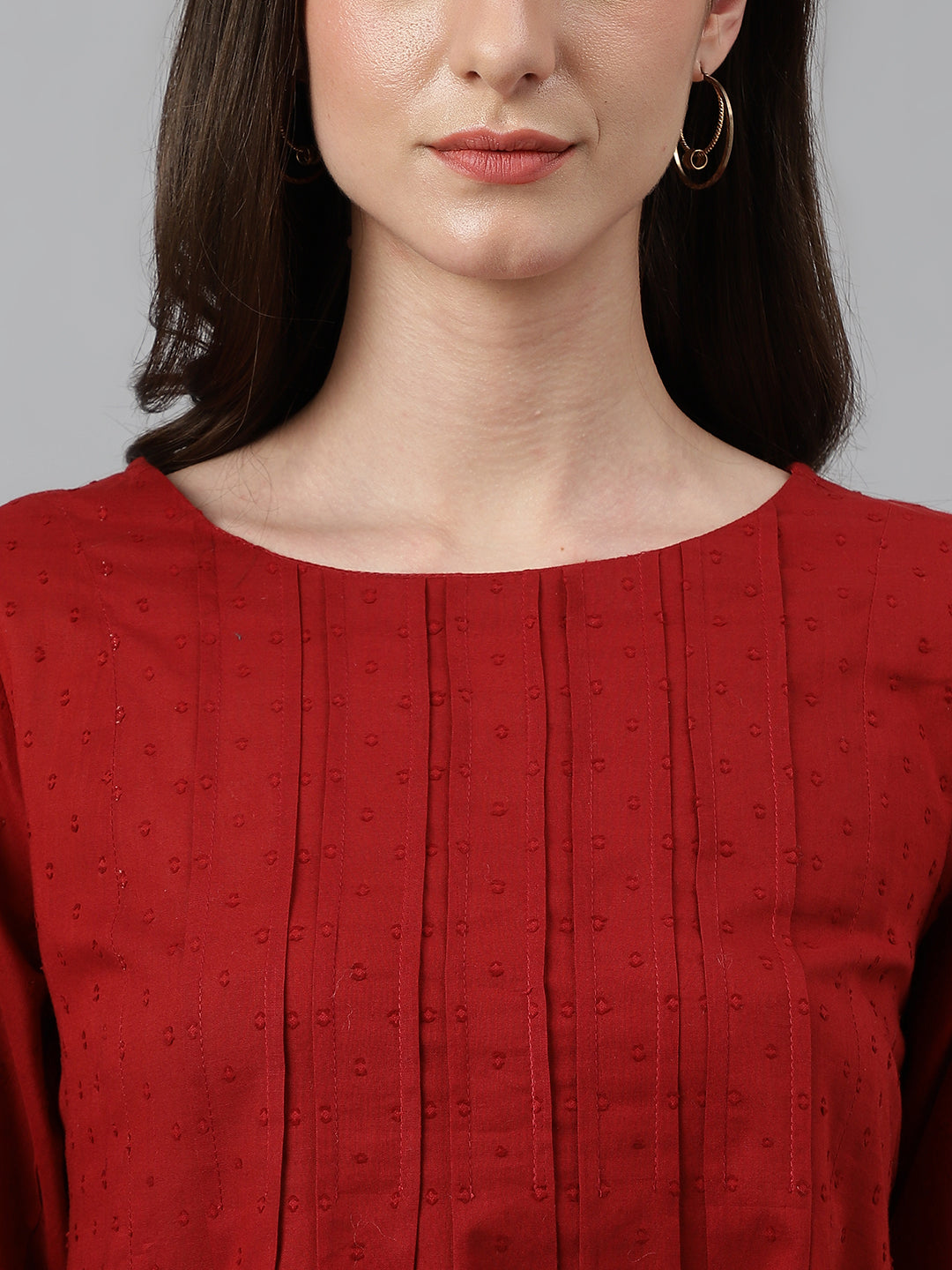 Janasya Women's Maroon Dobby Cotton Solid Handkerchief Tunic | Grocsy