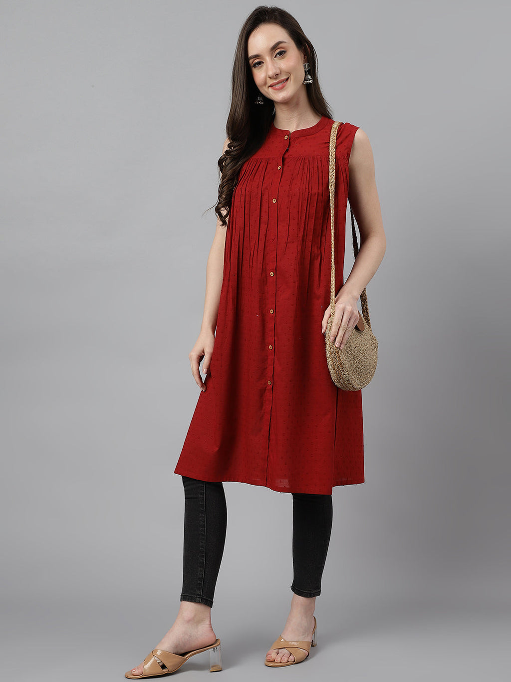 Janasya Women's Maroon Dobby Cotton Solid Casual Gathered Tunic | Grocsy