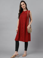 Janasya Women's Maroon Dobby Cotton Solid Casual Gathered Tunic | Grocsy