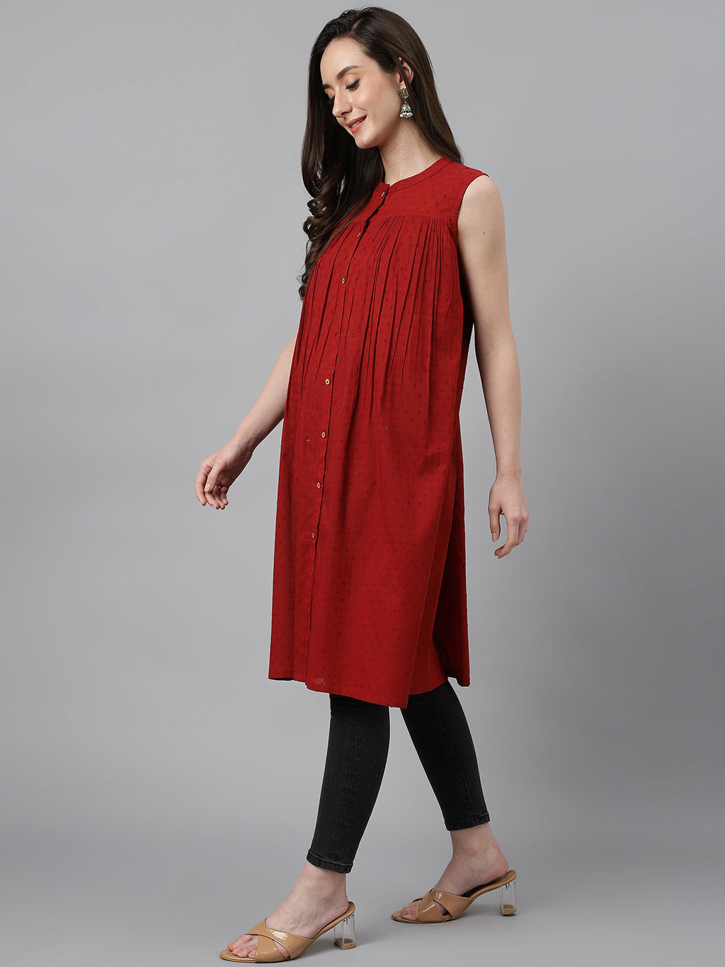 Janasya Women's Maroon Dobby Cotton Solid Casual Gathered Tunic | Grocsy