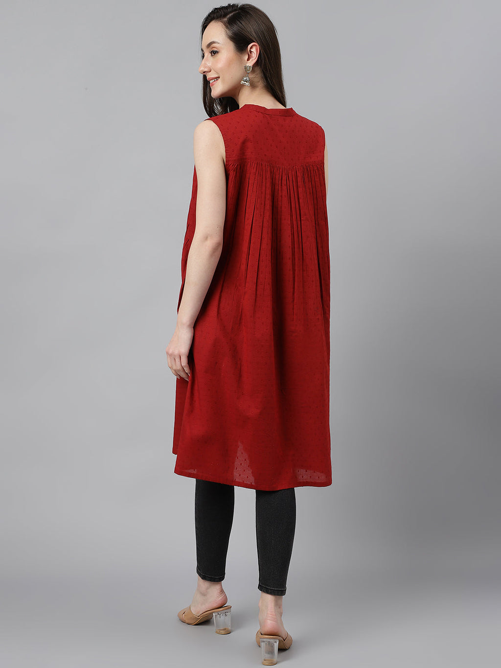 Janasya Women's Maroon Dobby Cotton Solid Casual Gathered Tunic | Grocsy