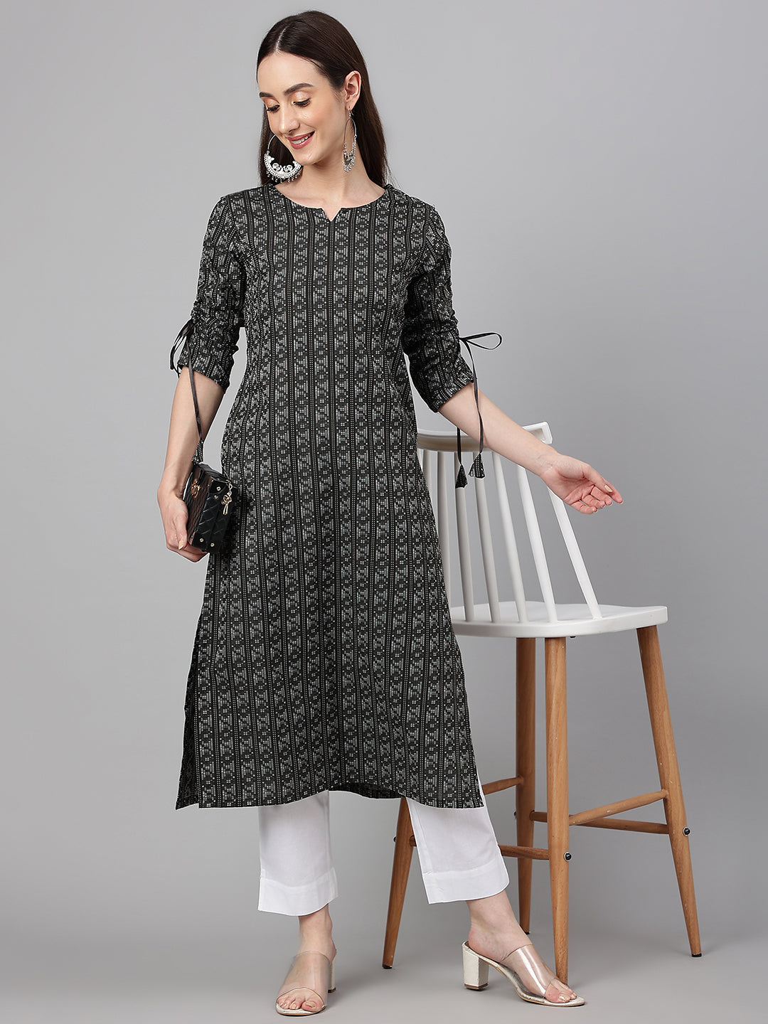 Janasya Women's Black Cotton Woven Design Casual Straight Kurta | Grocsy