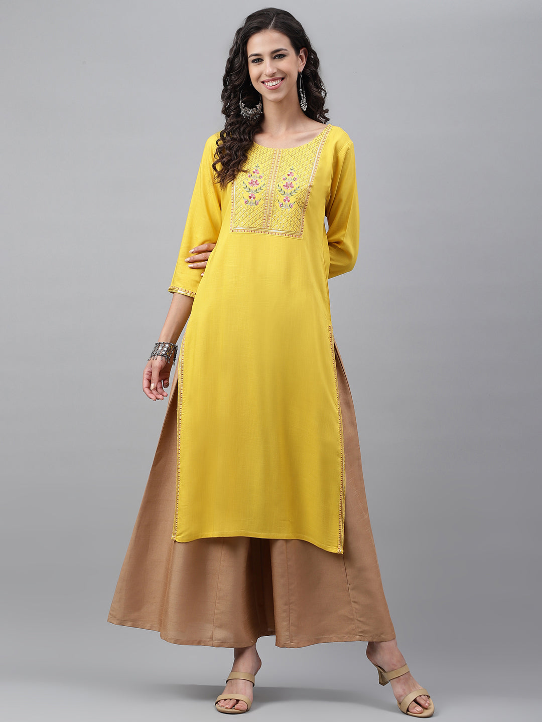 Janasya Women's Mustard Poly Rayon Solid Casual Straight Kurta | Grocsy
