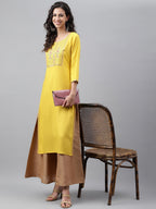 Janasya Women's Mustard Poly Rayon Solid Casual Straight Kurta | Grocsy
