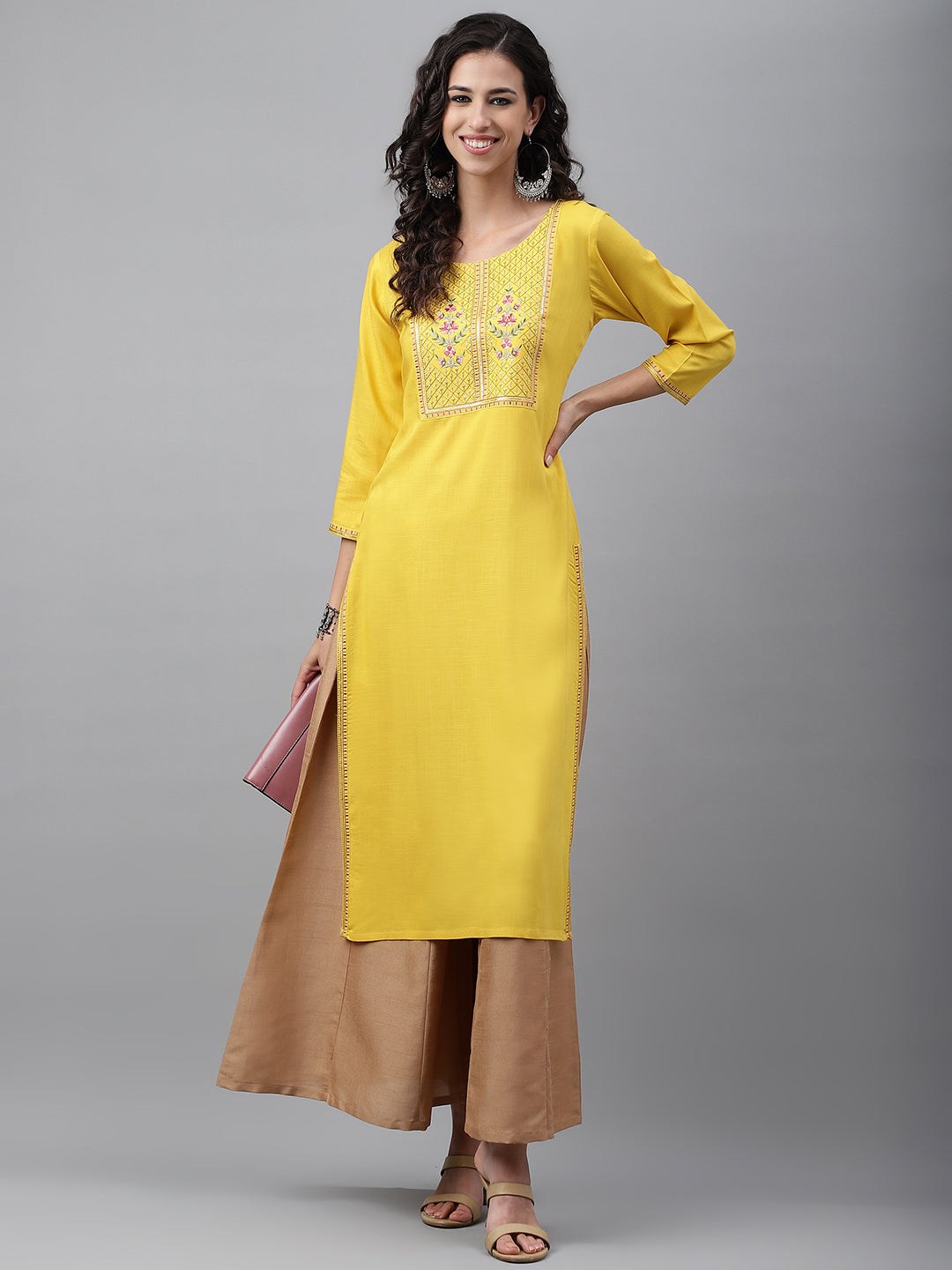 Janasya Women's Mustard Poly Rayon Solid Casual Straight Kurta | Grocsy