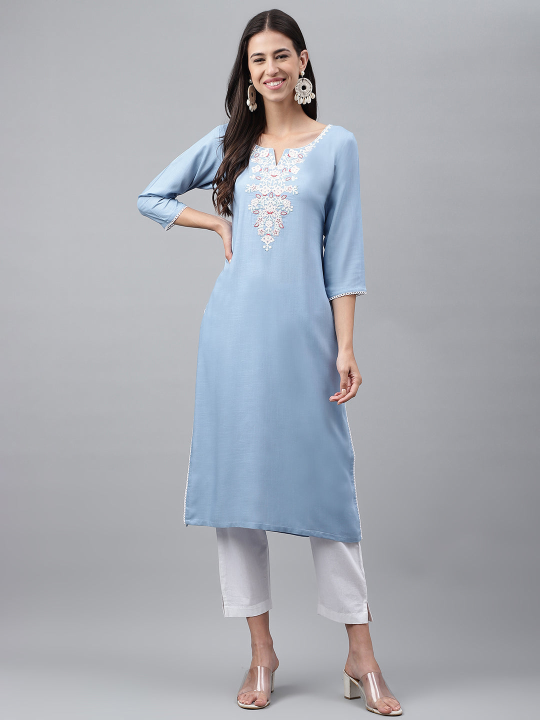 Janasya Women's Light Blue Rayon Solid Casual Straight Kurta | Grocsy