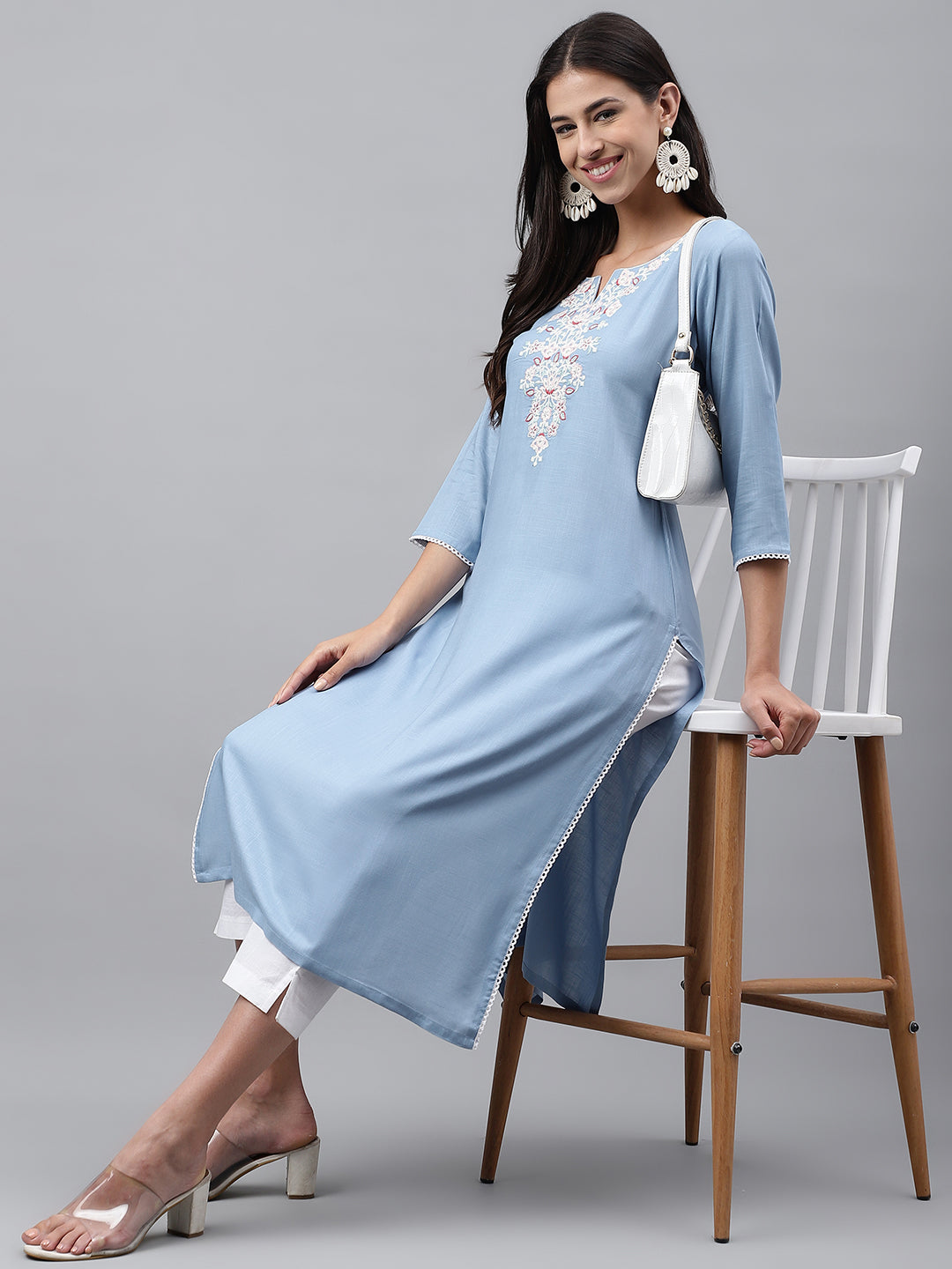 Janasya Women's Light Blue Rayon Solid Casual Straight Kurta | Grocsy