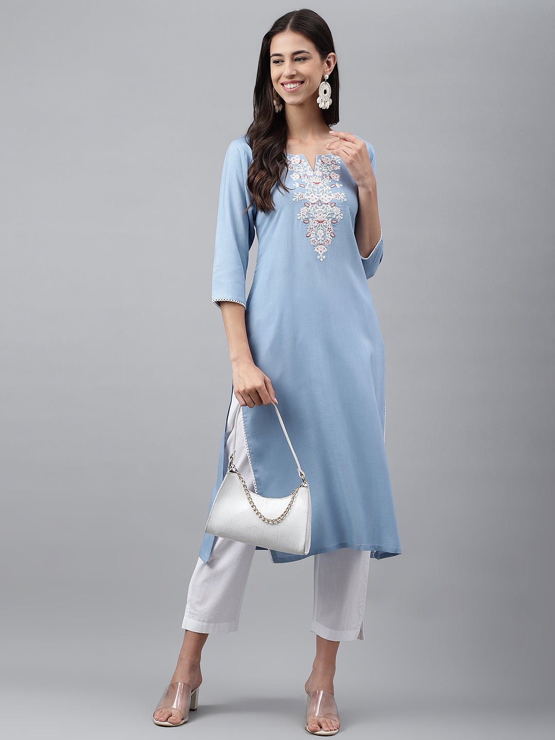 Janasya Women's Light Blue Rayon Solid Casual Straight Kurta | Grocsy