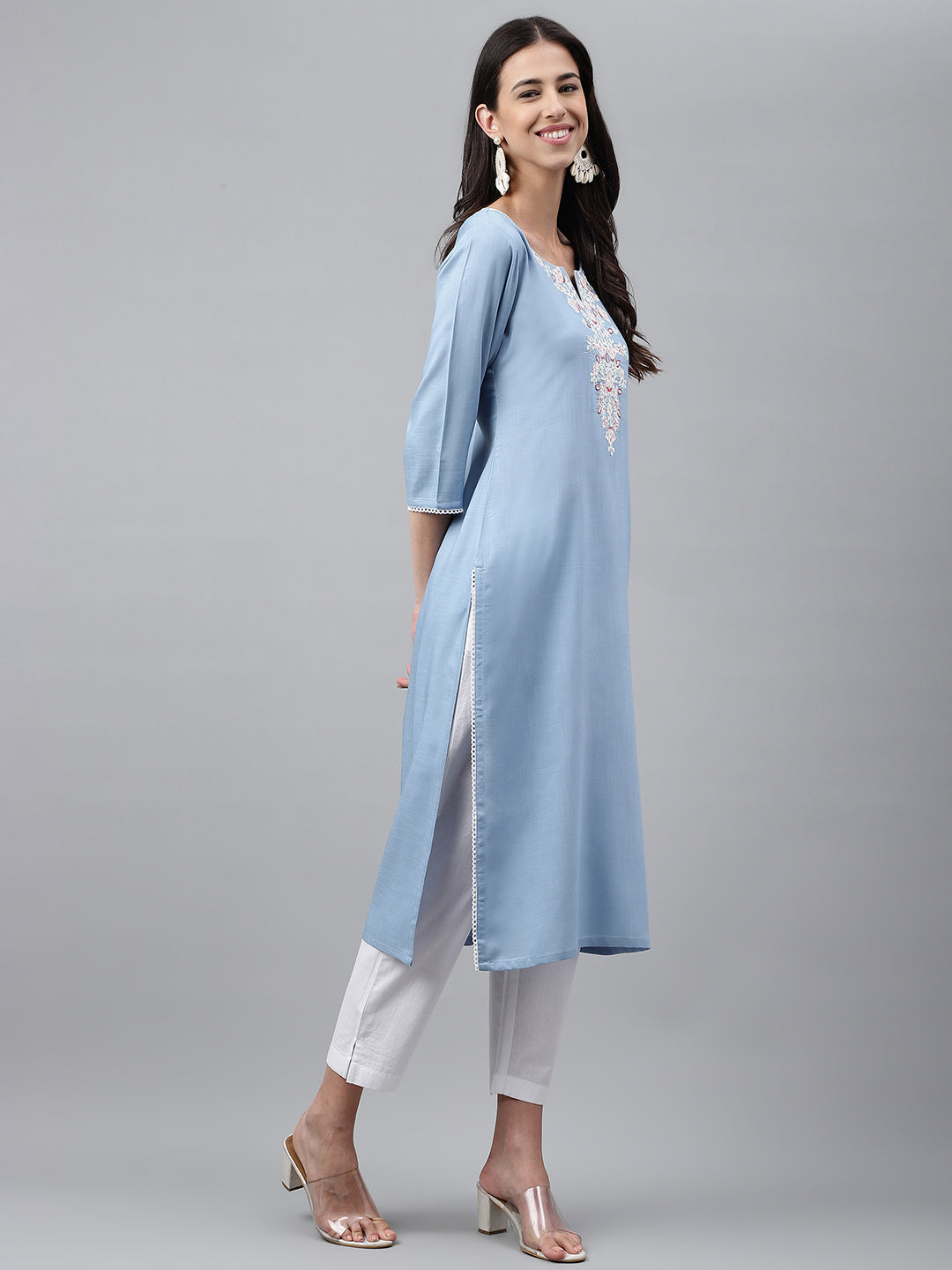 Janasya Women's Light Blue Rayon Solid Casual Straight Kurta | Grocsy