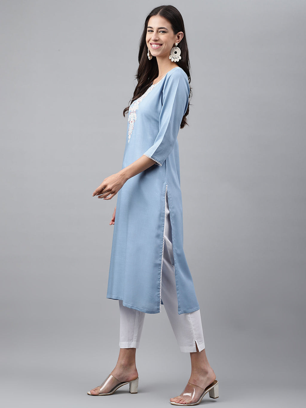 Janasya Women's Light Blue Rayon Solid Casual Straight Kurta | Grocsy